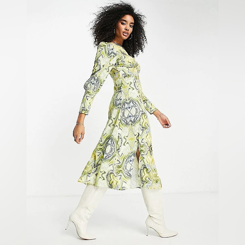 Vila midi dress with full sleeve in marble print